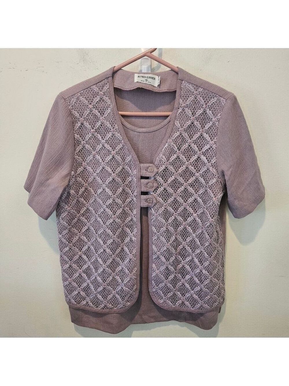 Women's Alfred Dunner Lavender Short Sleeve Blouse Lace Overlay Size 10